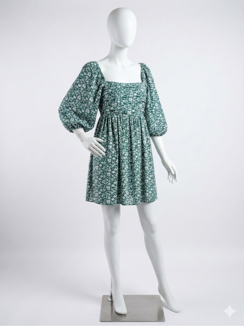 Green Floral Puff-Sleeve Mini Dress